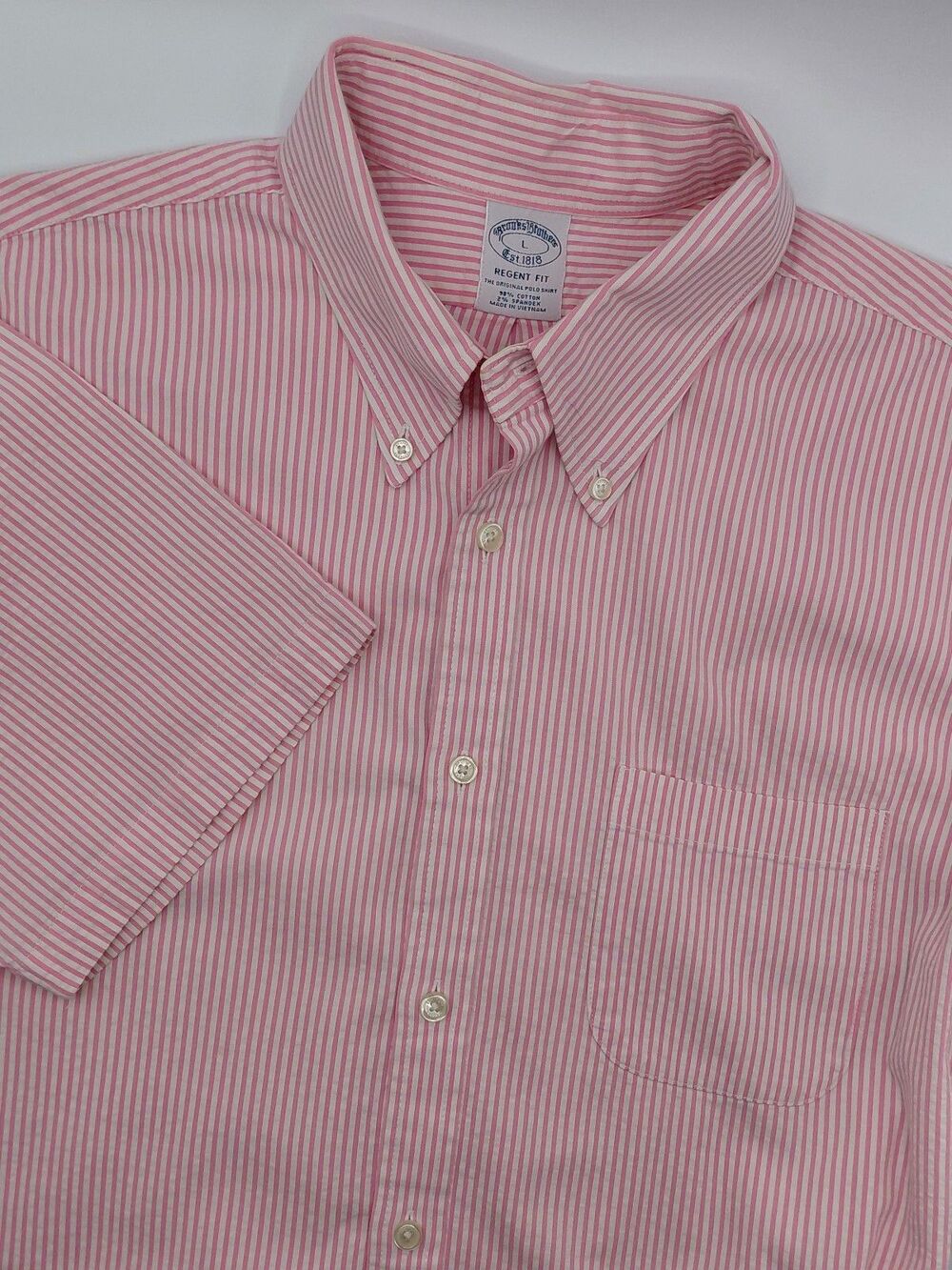 Brooks Brothers Regent Fit Seersucker Short Sleeve Shirt Men's Large Pink Stripe